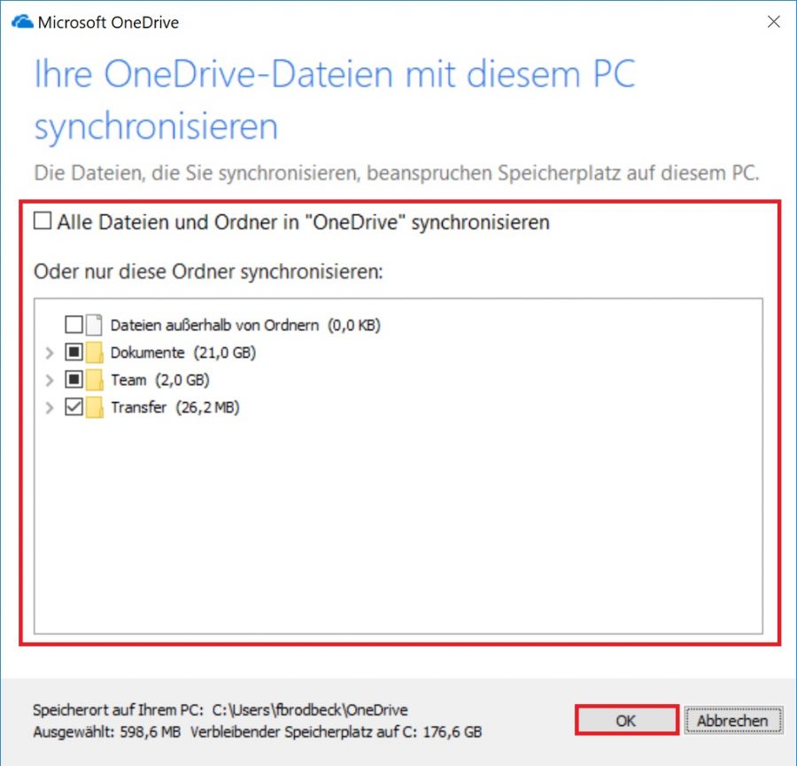 Auswahl der Ordner und Dateien für die selektive Synchronisation in OneDrive