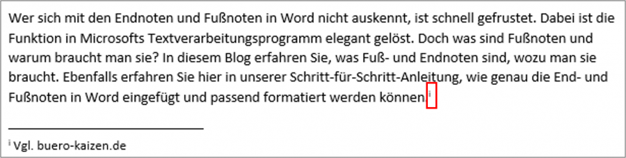 Die Endnote in Word kann durch die Markierung der Kennzeichnung (hier i) und dem Drücken von "entf" gelöscht werden.