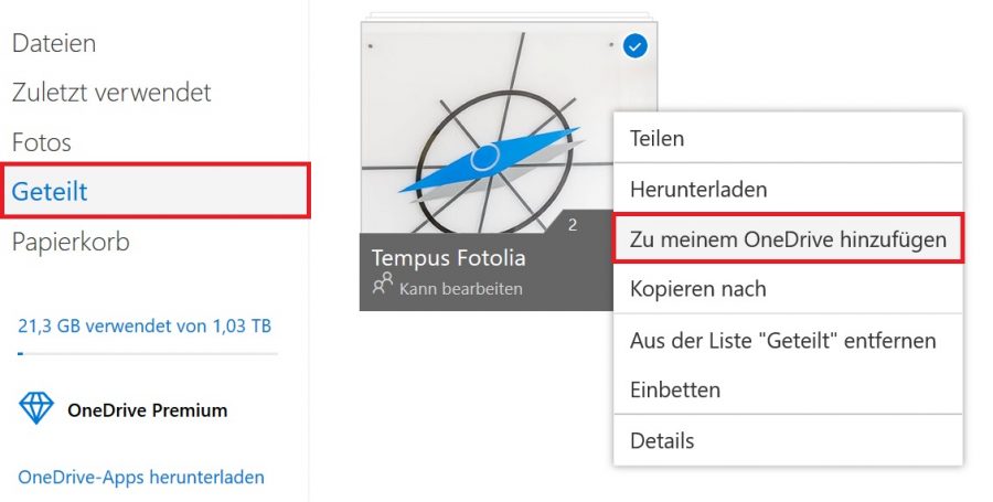 Geteilte Elemente in OneDrive öffnen