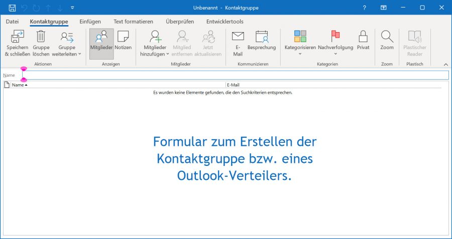 Outlook-Verteiler: Das Kontaktgruppen-Formular bietet zahlreiche Befehle