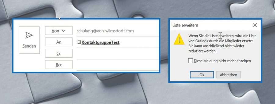 Kontaktgruppe in der Mail erweitern: Outlook-Meldung