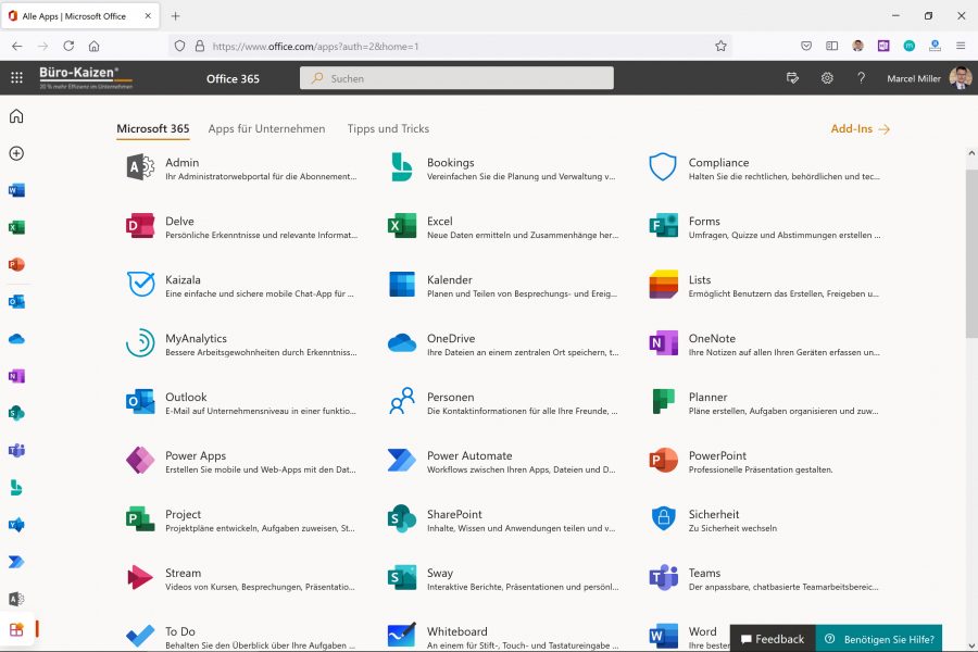 Auf dem Office.com-Portal kann auf die verschiedenen Web-Apps zugegriffen werden, die bei Microsoft Office 365 enthalten sind