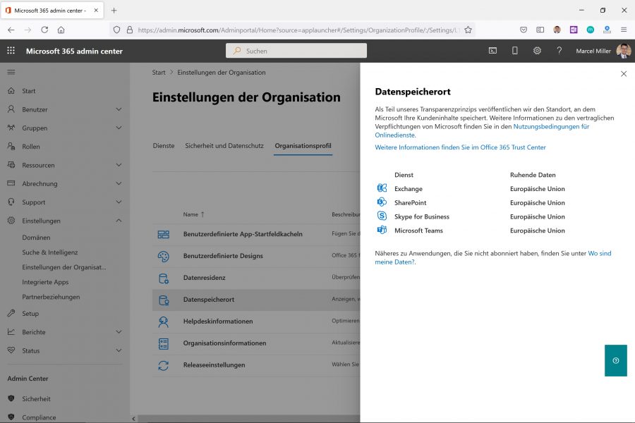 Im Microsoft 365 Admin-Center erfahren Sie, wo Ihre Daten gespeichert sind.