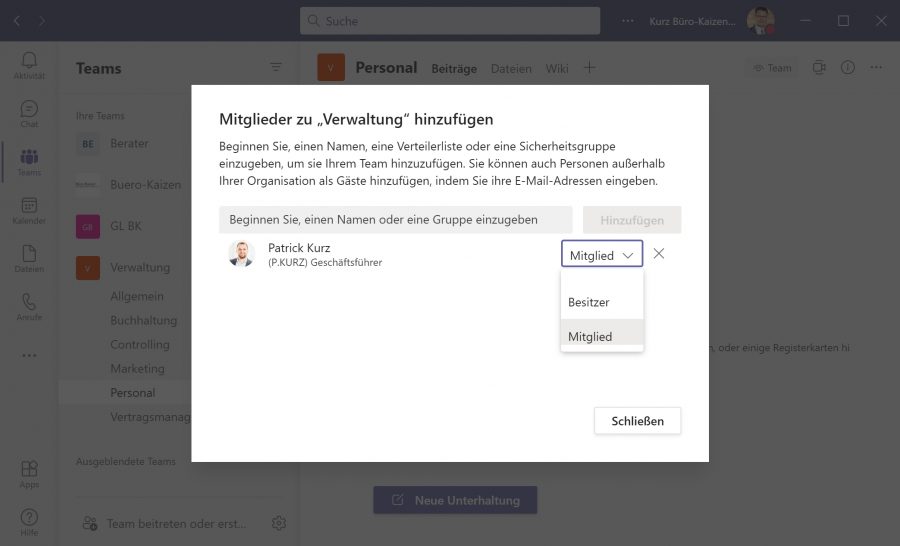 Microsoft Teams Benutzer können 3 verschiedenen Berechtigungs-Stufen zugeordnet werden: Besitzer, Mitglied und Gast