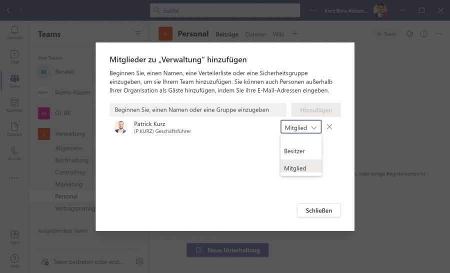 Microsoft Teams Benutzer können 3 verschiedenen Berechtigungs-Stufen zugeordnet werden: Besitzer, Mitglied und Gast