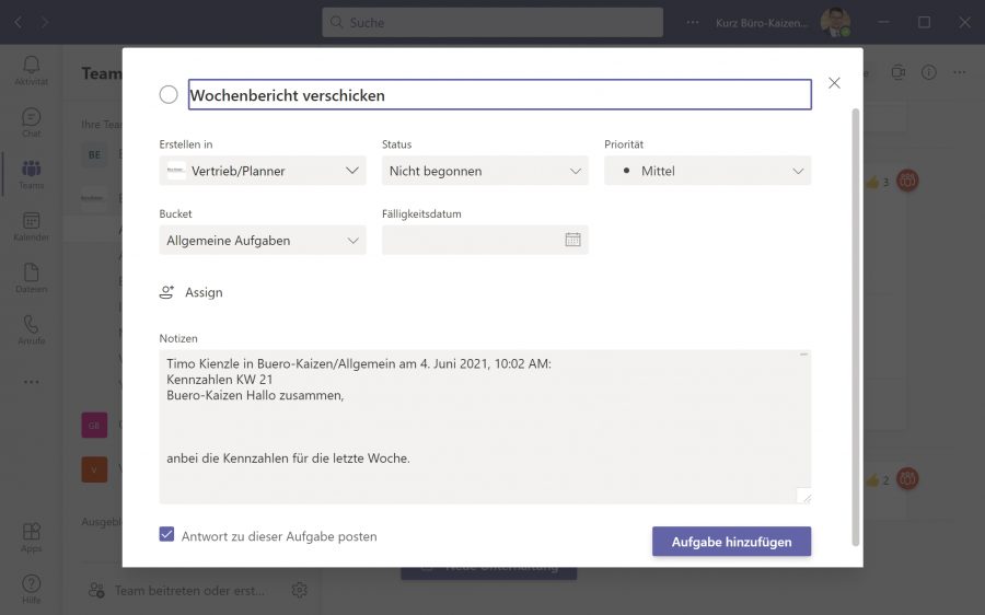 Beiträge in Microsoft Teams lassen sich mit wenigen Klicks in Aufgaben umwandeln