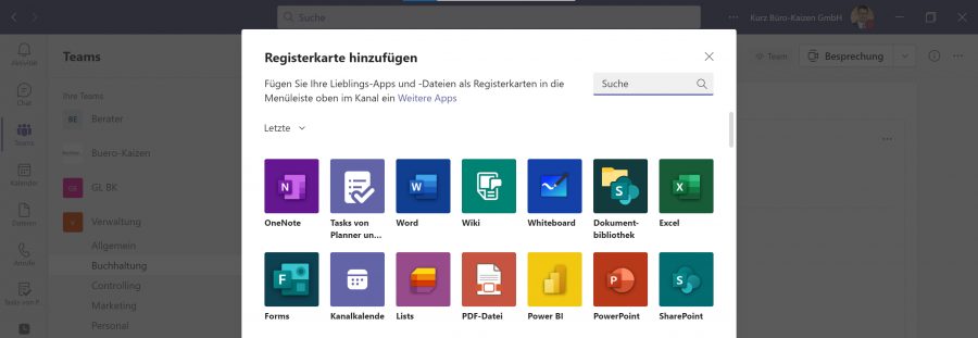 In Microsoft Teams können viele zusätzliche Programme und Funktionen über "Registerkarte hinzufügen" eingebunden werden.