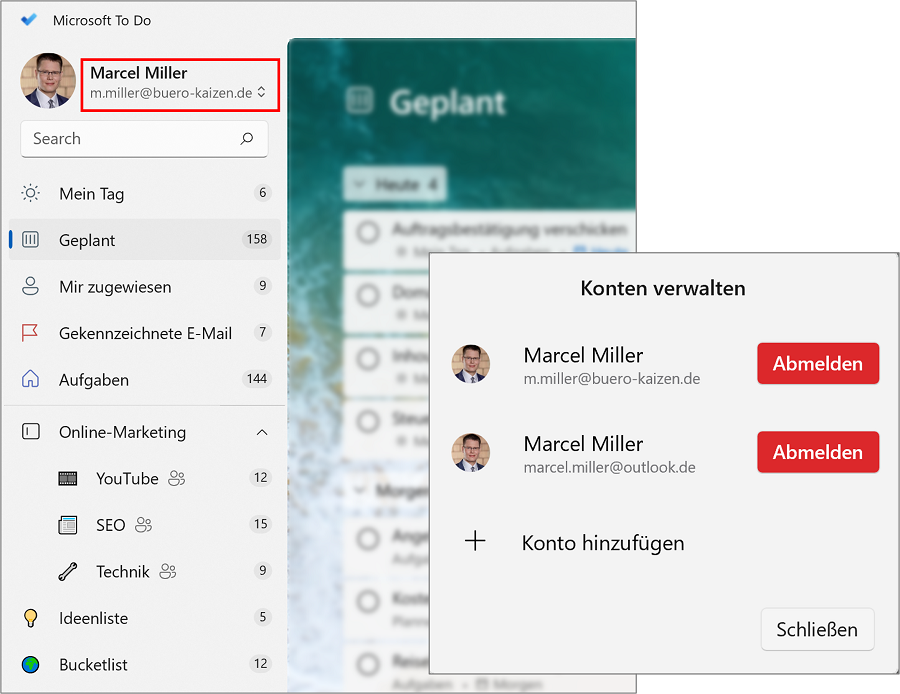 Über "Konto verwalten" kann man einfach zwischen privaten und Businesskonten in Microsoft To Do wechseln.
