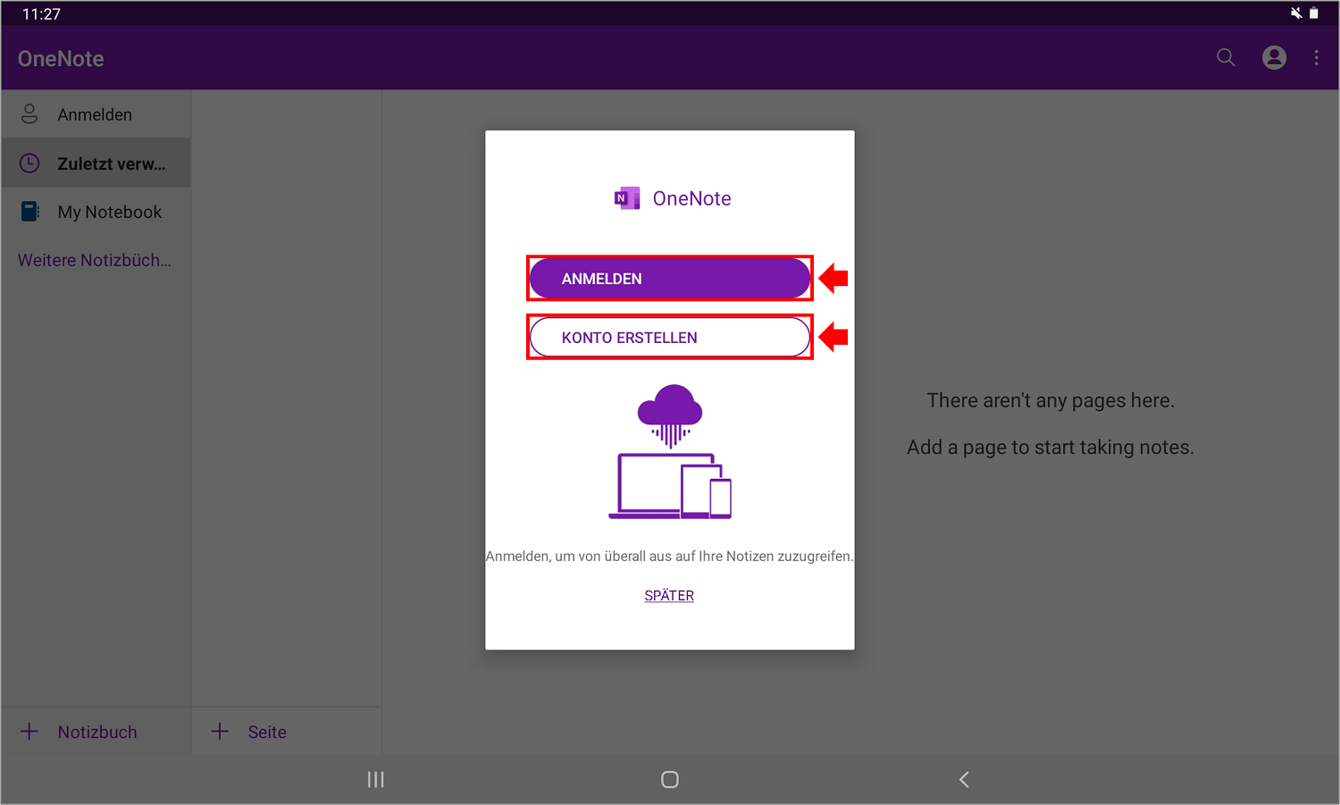 In der Android-App von OneNote können Sie sich bei Ihrem Microsoft-Konto anmelden oder ein Konto erstellen.