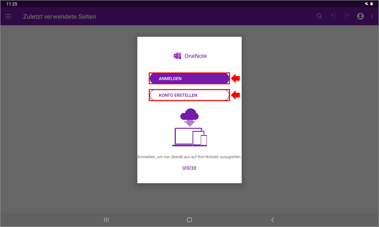 In der OneNote-App können Sie sich über das "Profil-Icon" bei Ihrem Microsoft-Konto anmelden oder eines erstellen.