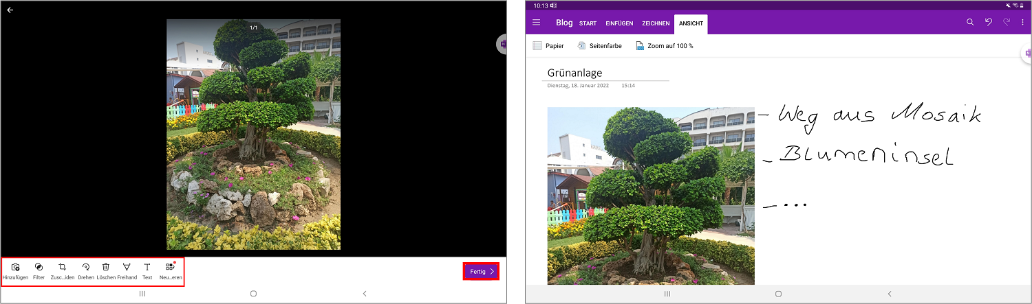 Sie können eingefügte Bilder in der OneNote-App für Android nach Ihrem Belieben bearbeiten.