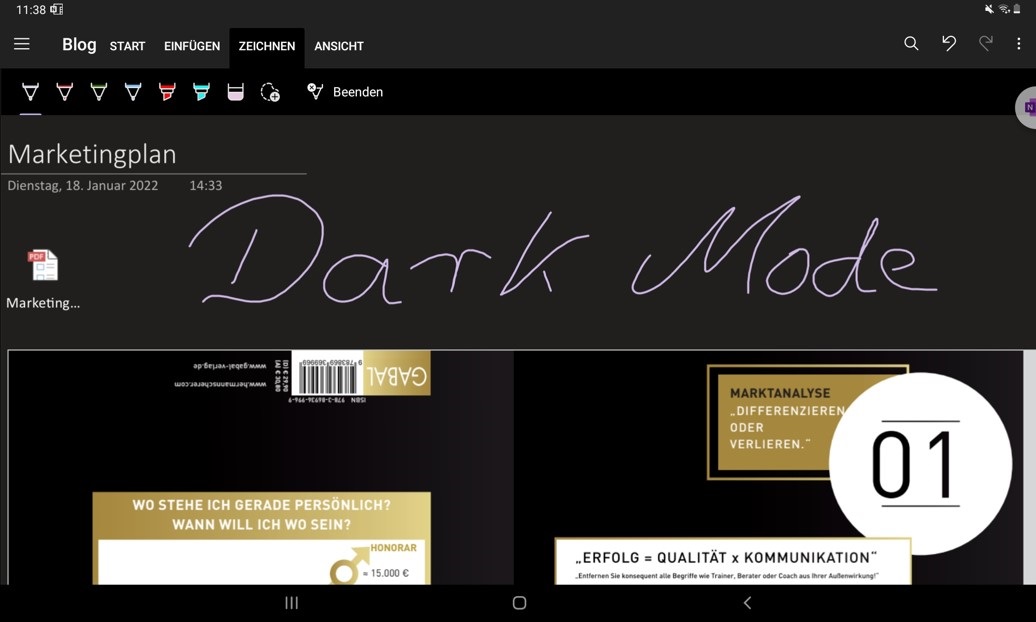 Die OneNote-App für Android-Geräte im Dark Mode.