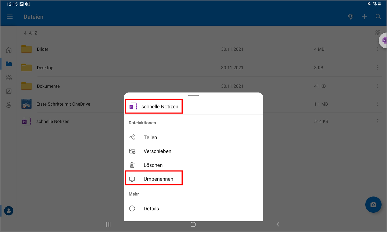 In der OneDrive-App für Android können Sie Ihr Notizbuch aus OneNote finden und unter den Optionen "Umbenennen" auswählen.