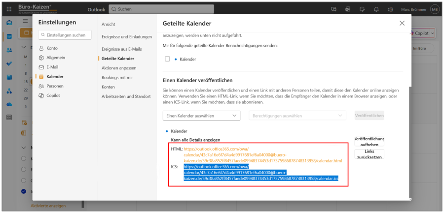 Outlook Internetkalender veröffentlichen