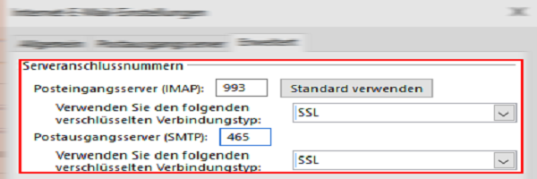 Outlook einrichten bei Serveranschlussnummern.
