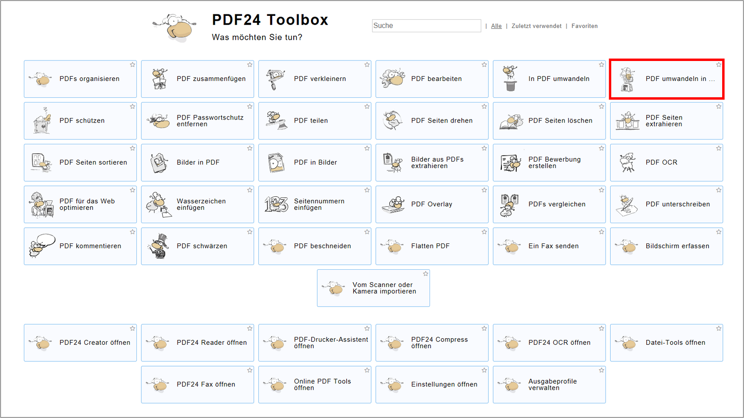 In der App von PDF24 haben Sie die Möglichkeit zwischen mehreren Tools, zum Bearbeiten und Konvertieren von PDF, zu entscheiden.