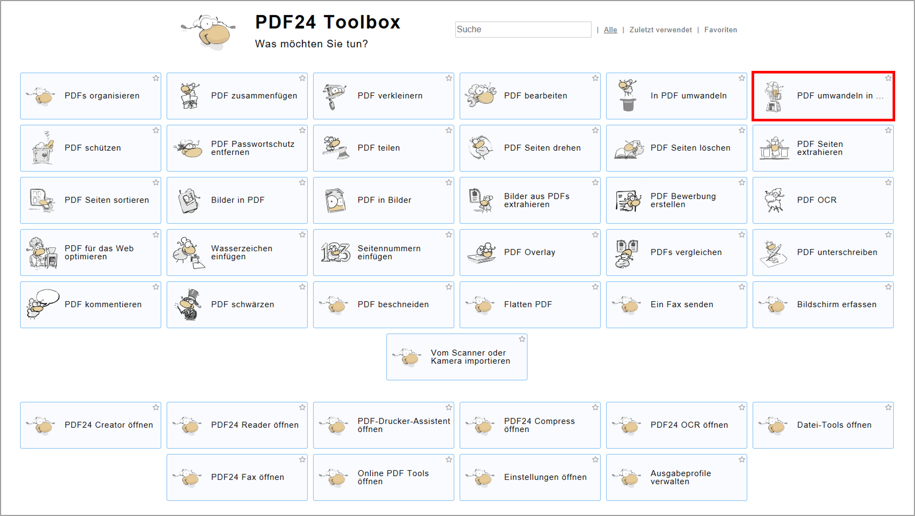 Die App PDF24 Creator bietet mehrere Möglichkeiten der Bearbeitung von PDF. Unter "PDF umwandeln in..." kann man ein PDF umwandeln.