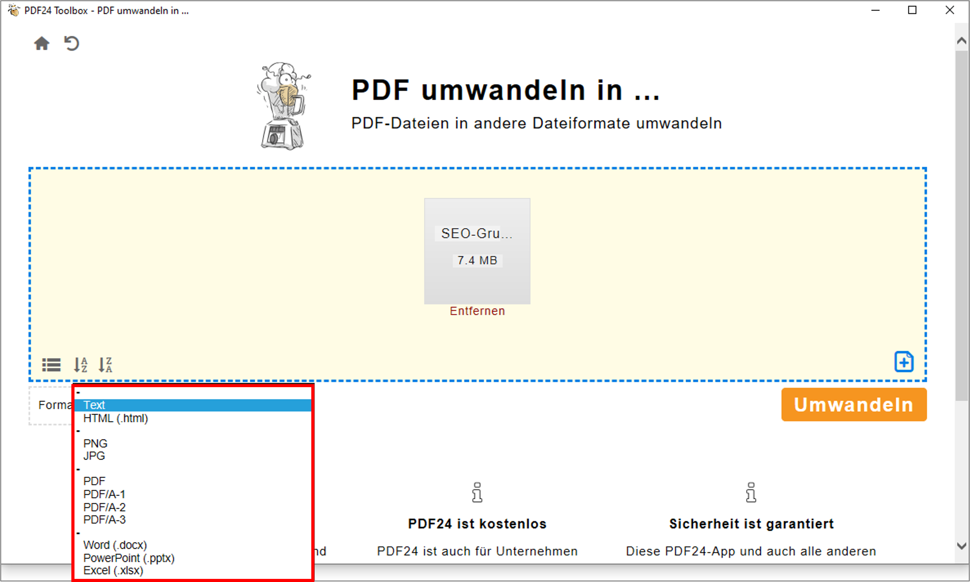 In der PDF24 Creator App kann das Zielformat der PDF über "Format" festgelegt werden.