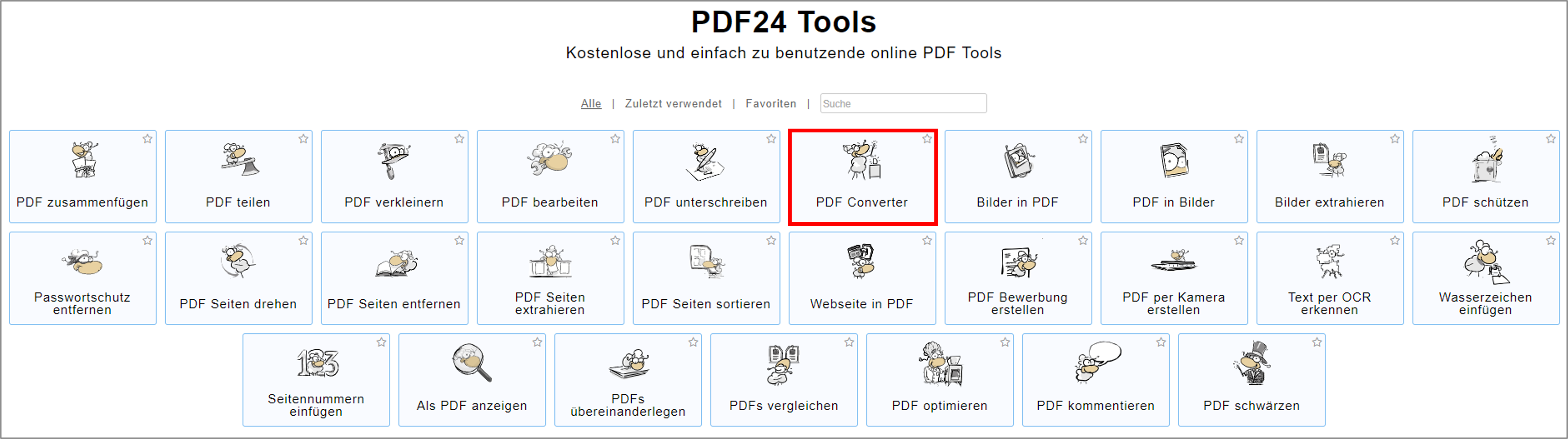 Auf der Website von PDF24 hat man eine Vielzahl an Optionen ein PDF zu erstellen und zu bearbeiten.
