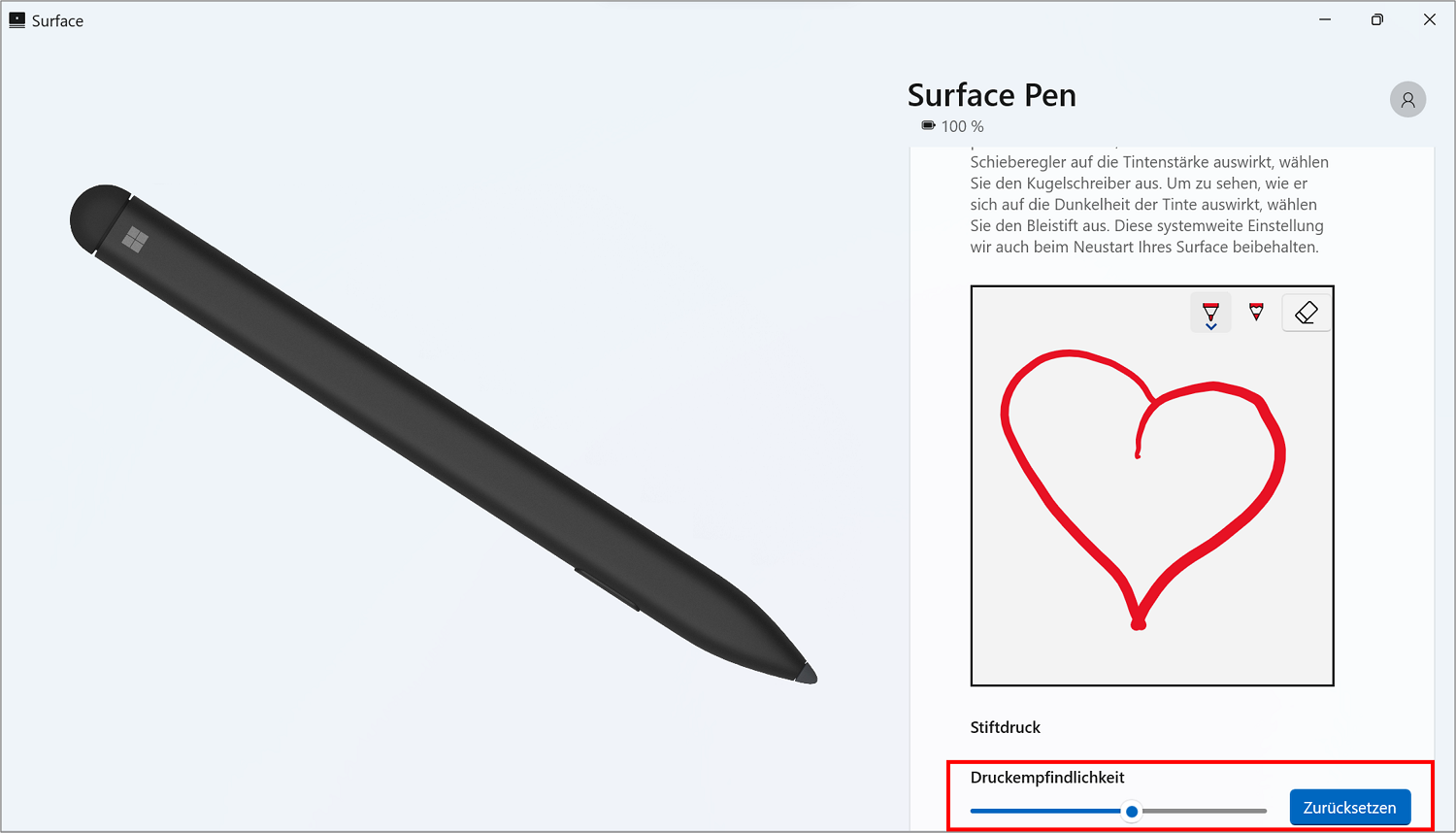 Sie können Die Druckempfindlichkeit des Surface Pen in der App anpassen und probieren.