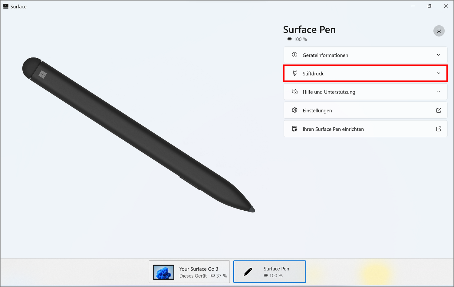 In der App von Microsoft können Sie den Stiftdruck des Surface Pen ändern.