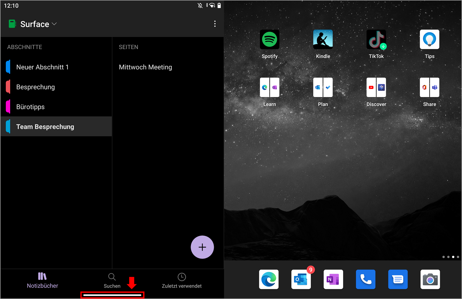 Beim Surface Duo können Sie eine App schließen, indem Sie den unteren, weißen Balken gedrückt halten und nach oben schieben.