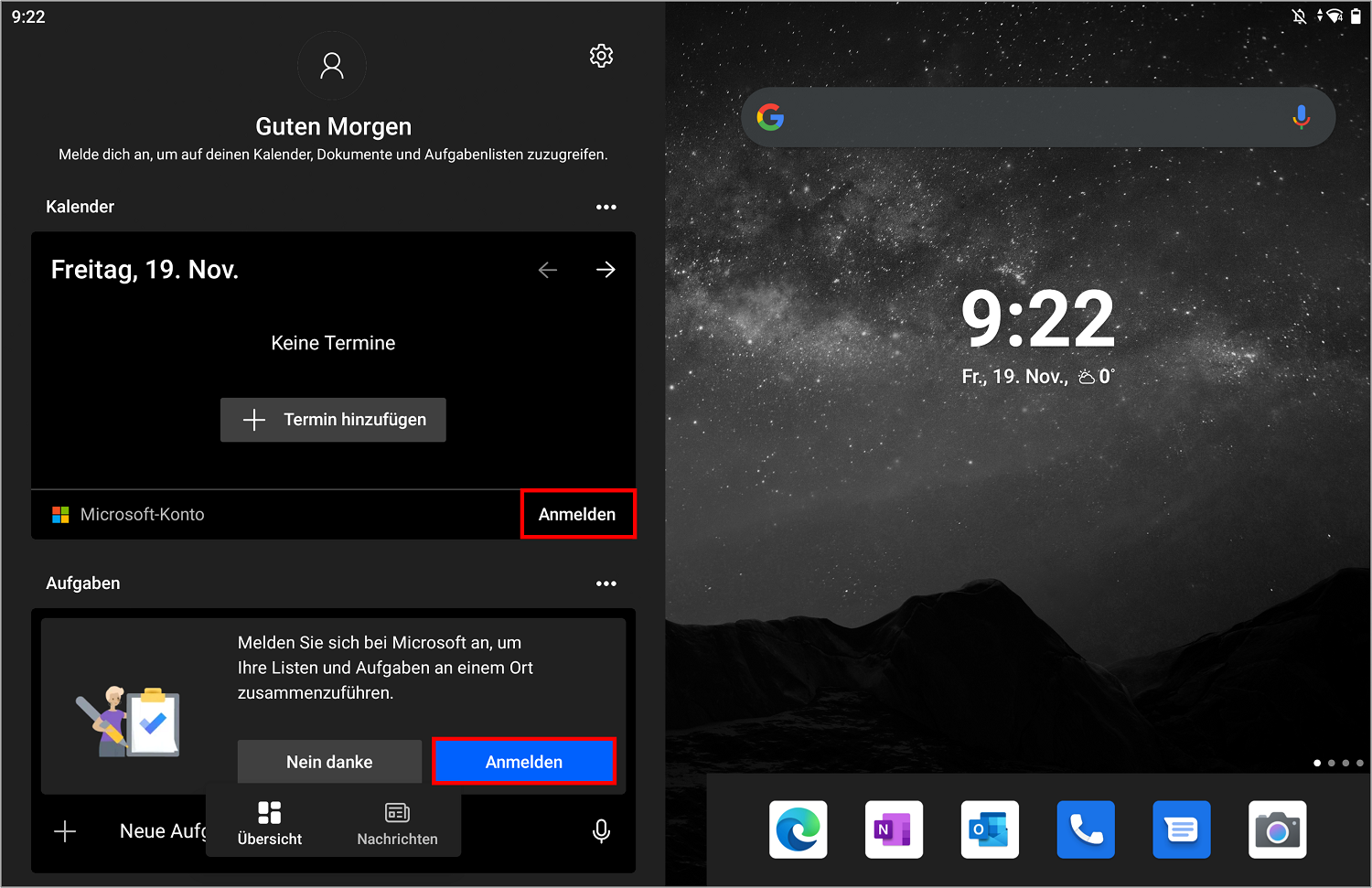 Mit dem Surface Duo können Sie sich einfach bei Ihrem Microsoft-Konto anmelden, indem Sie von links nach rechts wischen und auf "Anmelden" klicken.