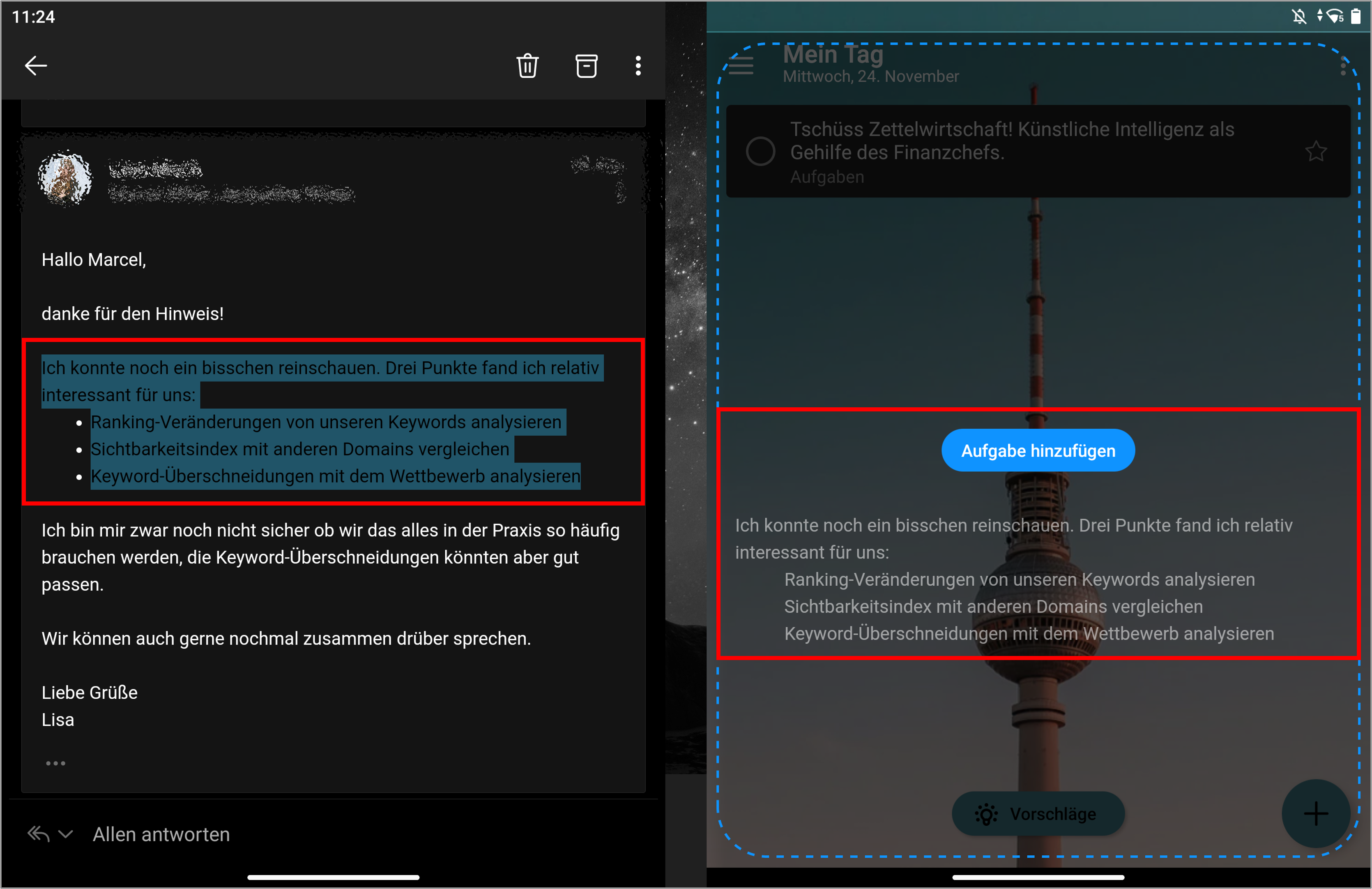 In der App-Gruppe "Plan" des Surface Duo können Sie schnell Aufgaben aus den E-Mails erstellen und somit Ihren Tag etc. planen.