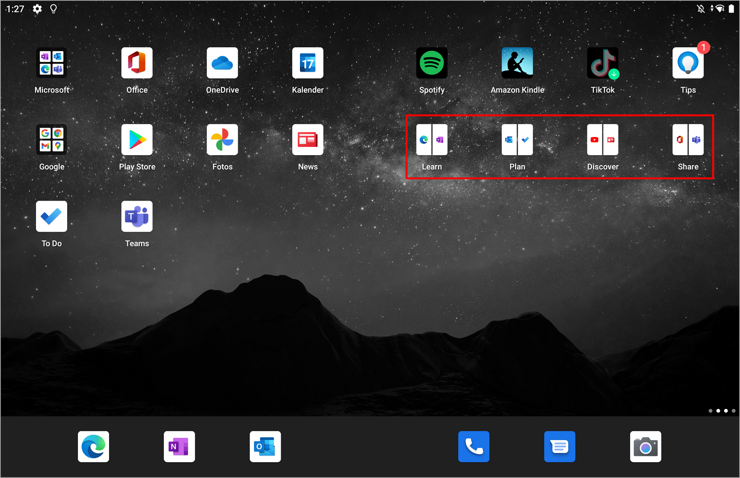 Im Surface Duo sind bereits bestehende App-Gruppen vorhanden: Learn, Plan, Discover und Share.