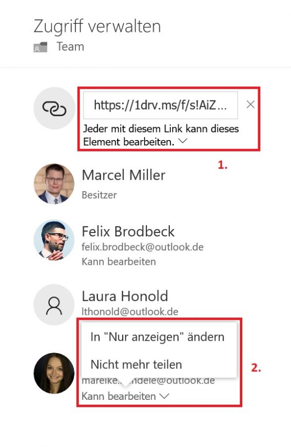 Zugriffslinks entfernen und Berechtigungen in OneDrive ändern