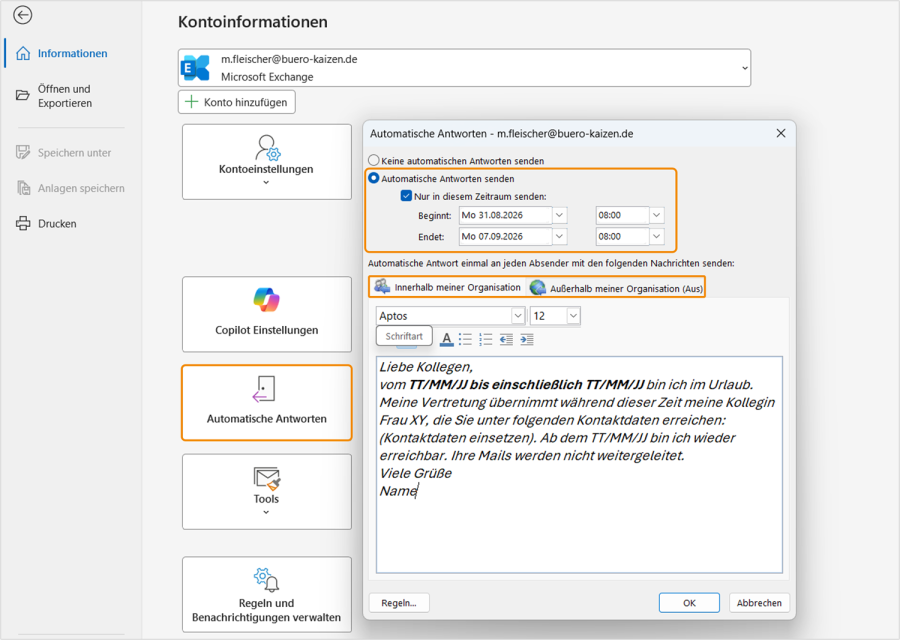 Abwesenheitsnotiz klassisches Outlook