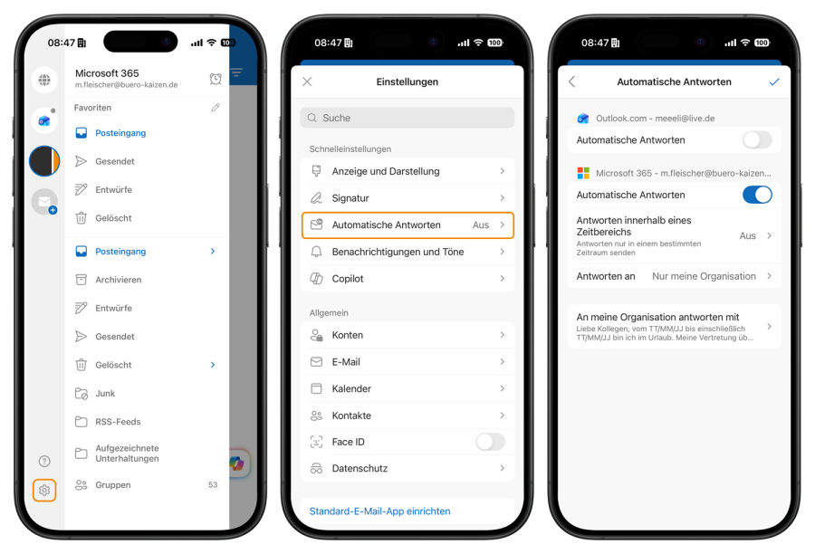 Abwesenheitsnotiz Outlook App Smartphone