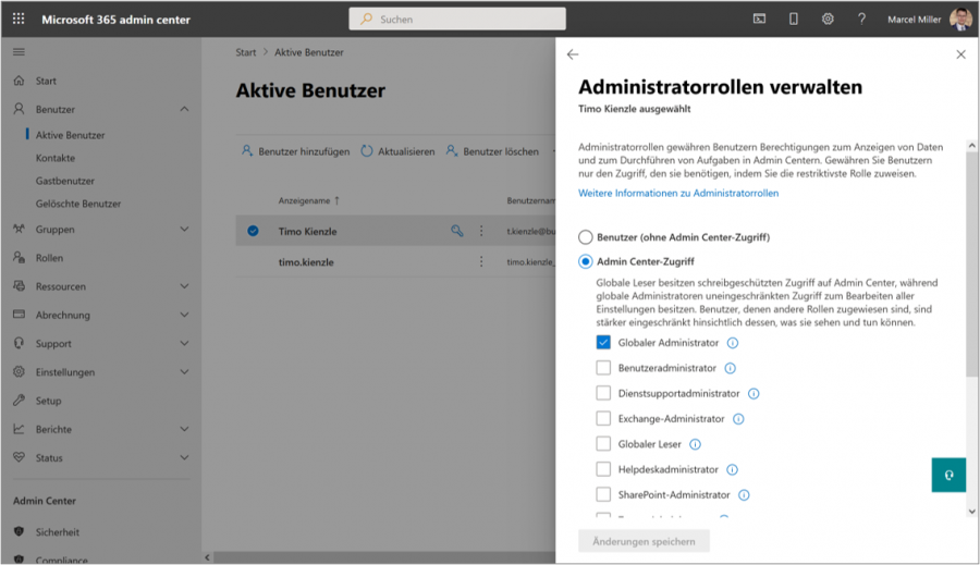 Im Microsoft 365 Admin Center können Sie für die verschiedensten Aufgaben eigens zuständige Administratoren mit unterschiedlichen Berechtigungen auswählen.