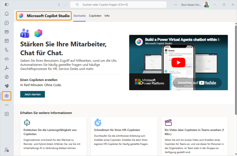 Classic Agent Erstellung von Teams in Copilot Studio Web App