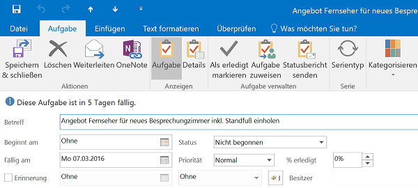Aufgabe suchen mit Outlook deligieren