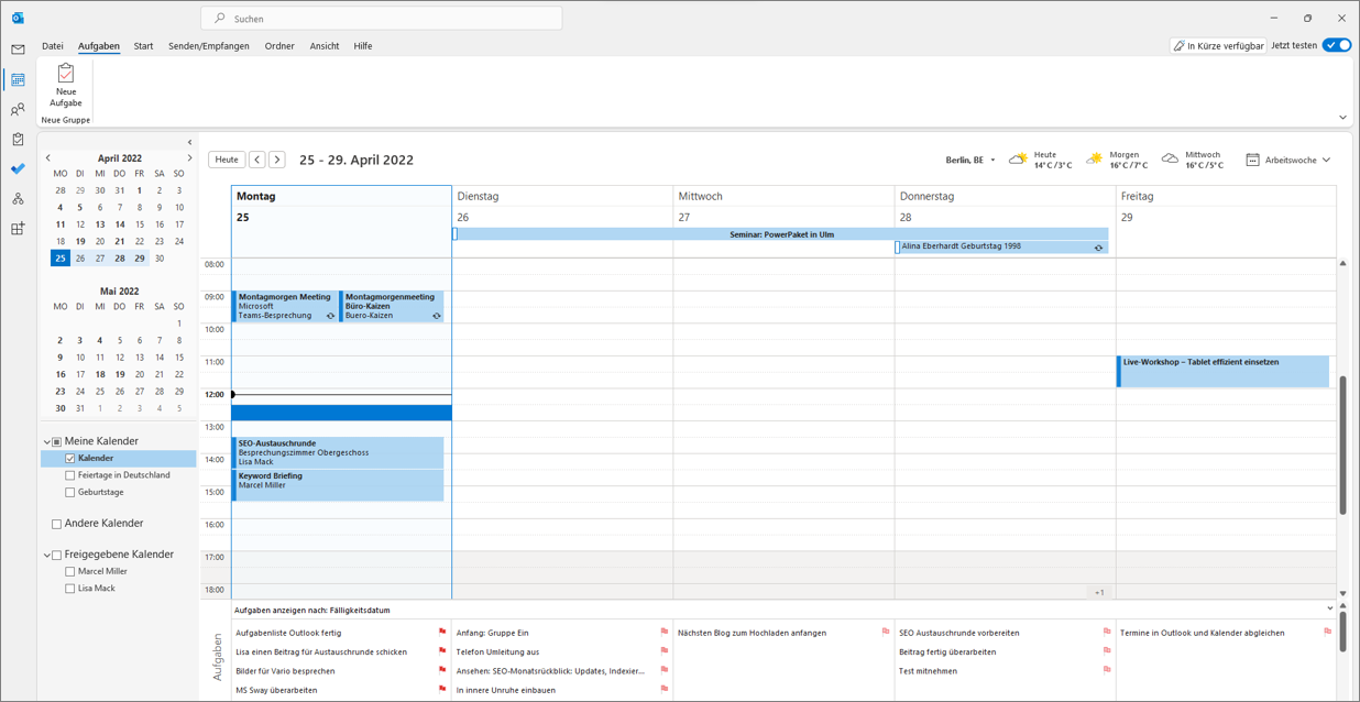 In Outlook können Sie sich eine kombinierte Ansicht der Aufgaben und des Kalenders anzeigen lassen.