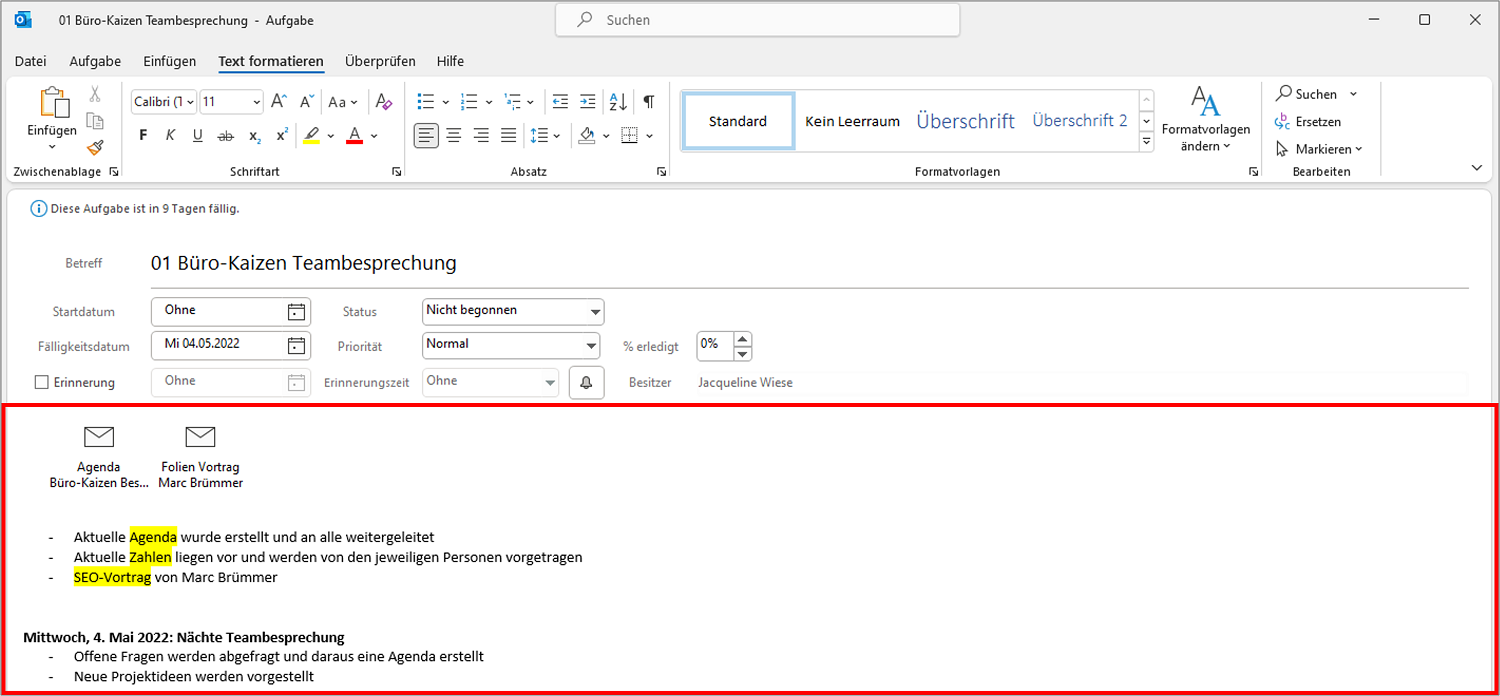 Aufgabenliste in Outlook: In der Aufgabenbearbeitung können Sie Notizen etc. erstellen.