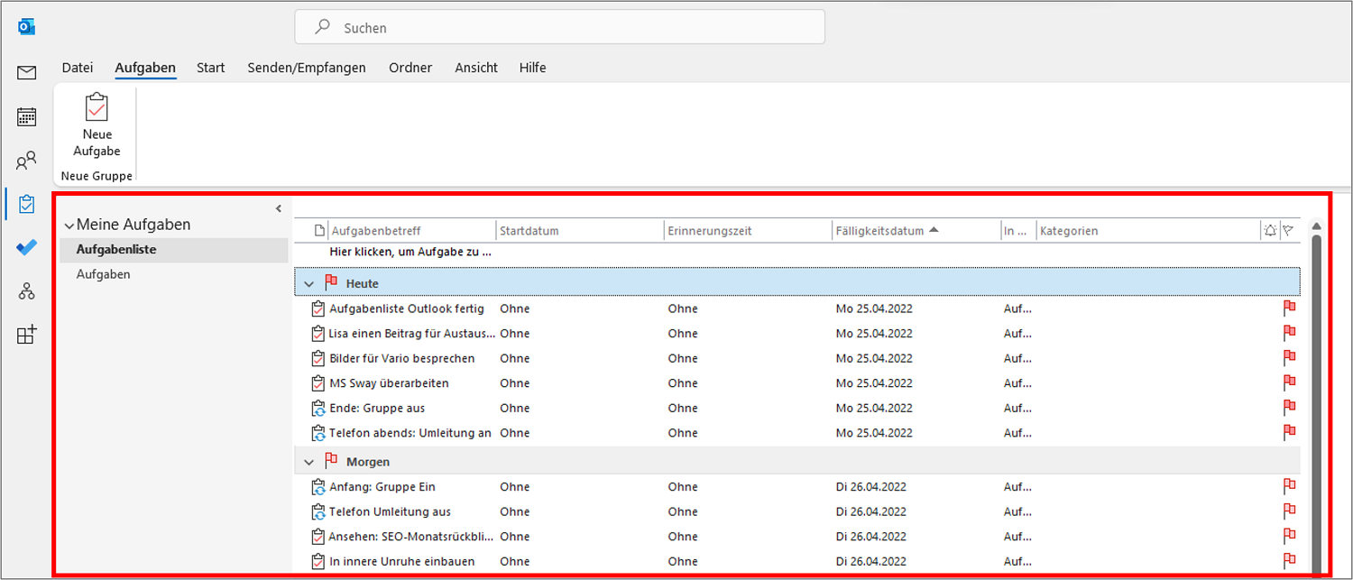 Durch das Aufgaben-Symbol können Sie die Aufgabenliste in Outlook öffnen.