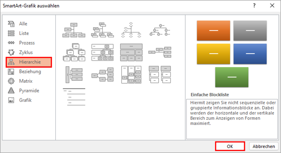 In PowerPoint können Sie über "SmartArt" verschiedene Baumdiagramme einfügen lassen.