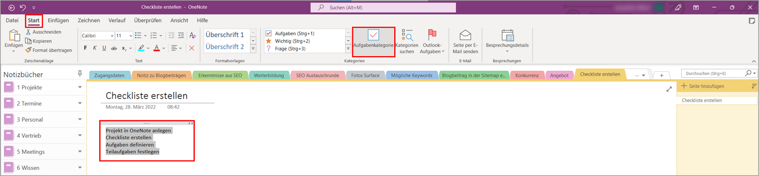 In OneNote können Sie mittels der Funktion "Aufgabenkategorie" eine Checkliste erstellen.