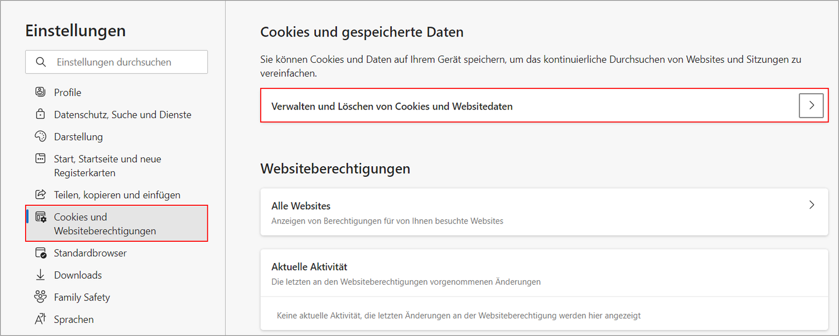 Über den Menüpunkt "Cookies und Websiteberechtigungen" können Sie in Microsoft Edge Cookie-Einstellungen vornehmen und Cookies löschen.