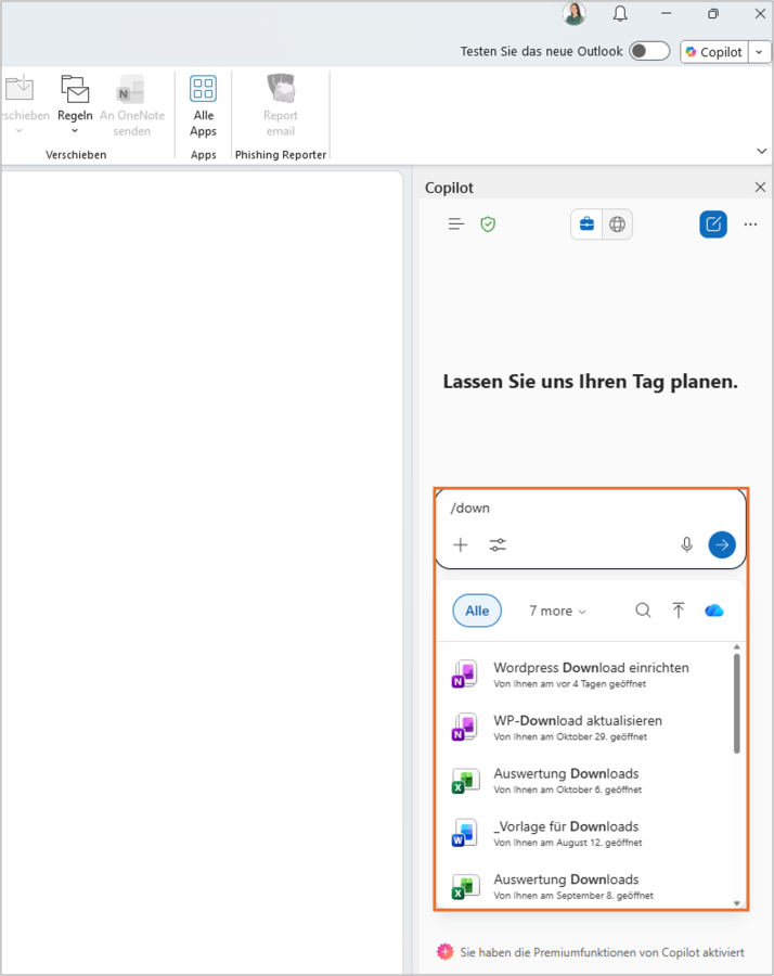 Copilot Chat Dateien anhängen Outlook