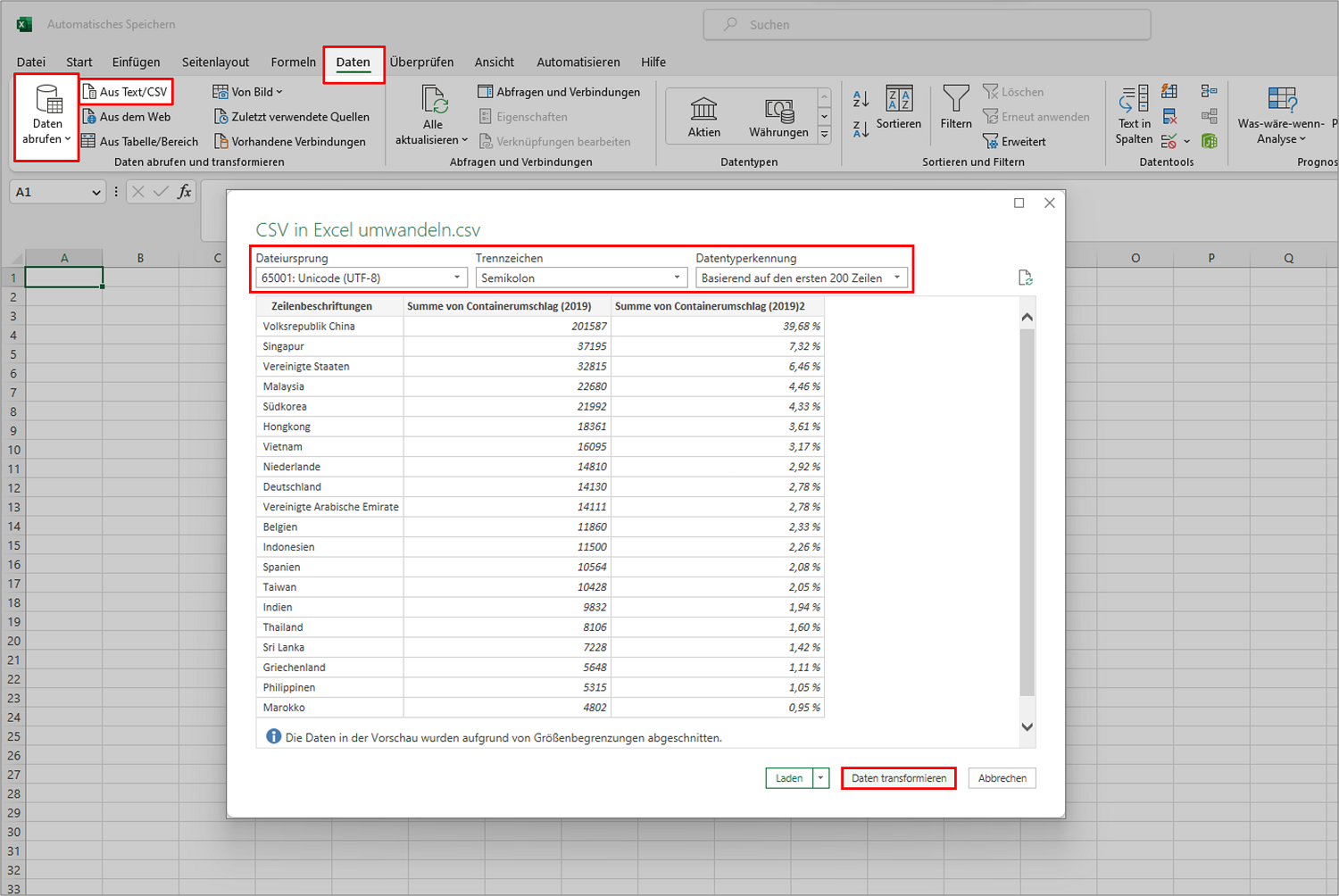 Daten einer CSV-Datein in Excel transformieren