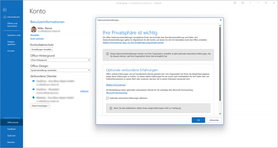 Im Bereich Kontodatenschutz finden Sie die neuen, DSGVO-konformen Einstellungsmöglichkeiten in Microsoft 365.