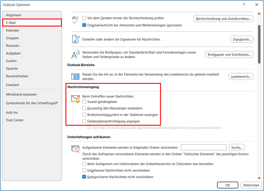 E-Mail Flut Benachrichtigungen ausschalten