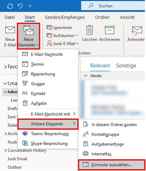 Bestehende E-Mail-Vorlagen in Outlook auswählen.