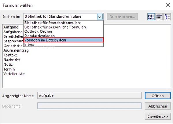 E-Mail-Vorlagen in Outlook öffnen.