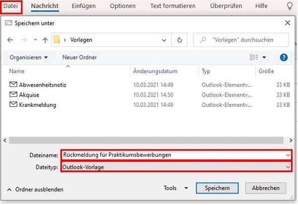 So können Sie Outlook E-Mail-Vorlagen abspeichern.