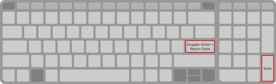 Die Enter-Taste wird entweder durch das Wort Eingabe/Enter oder einen nach links unten zeigenden Pfeil auf der Tastatur markiert.