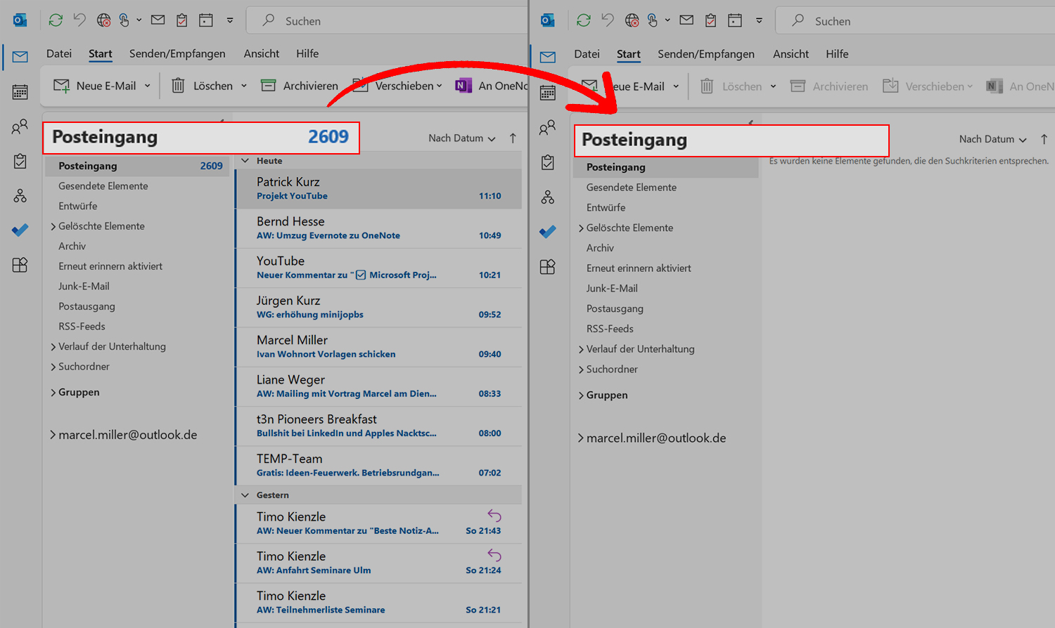 Outlook E-Mails im Posteingang verarbeiten